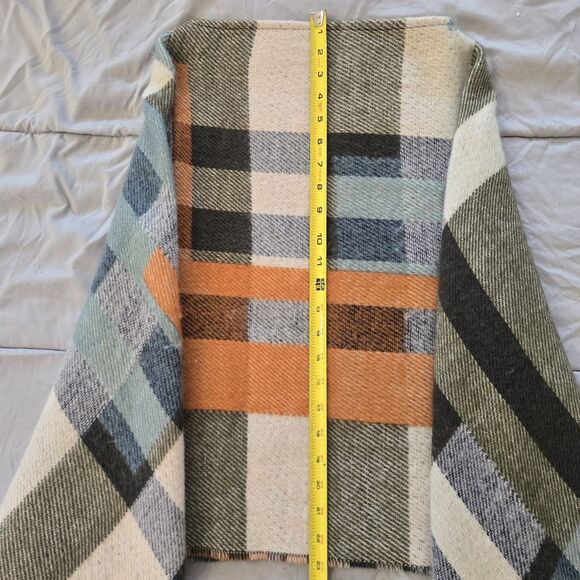 Boho Plaid Blanket Shawl Scarf Poncho Wrap Ruana Fall Winter Rust Sage Fringe - Picture 5 of 6
